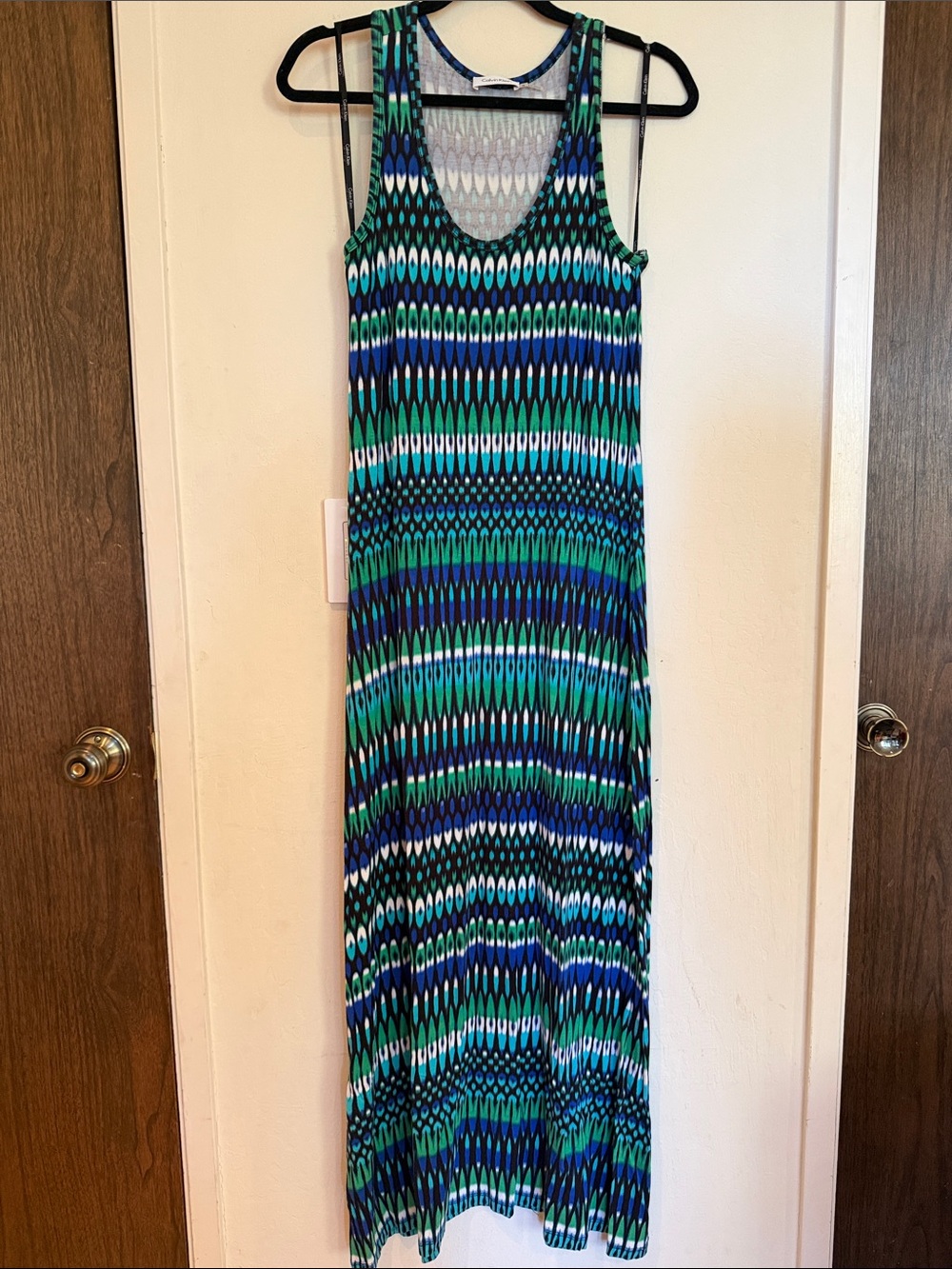 Calvin Klein Blue & Green Patterned Sleeveless Maxi Dress